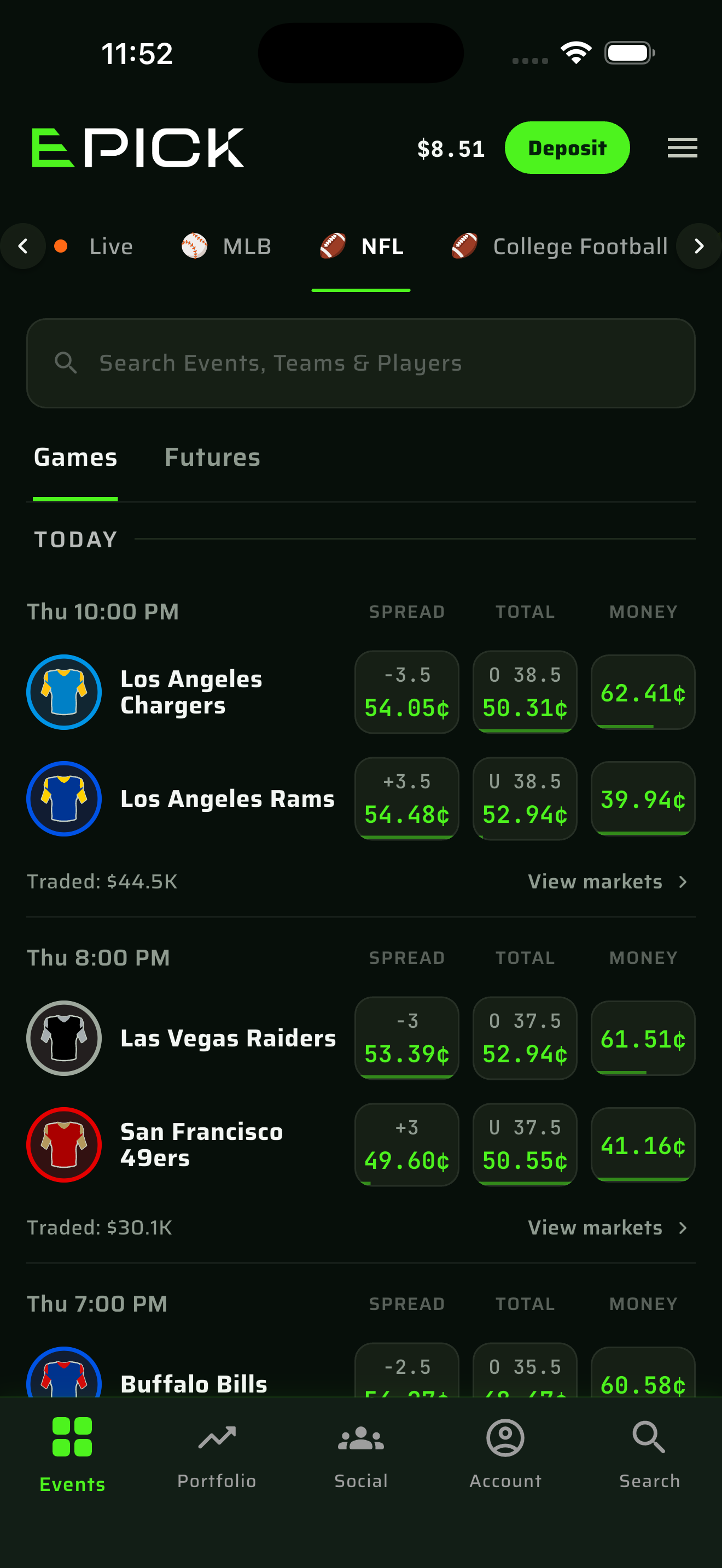 EPICK app board showing spread, total and moneyline prices in cents