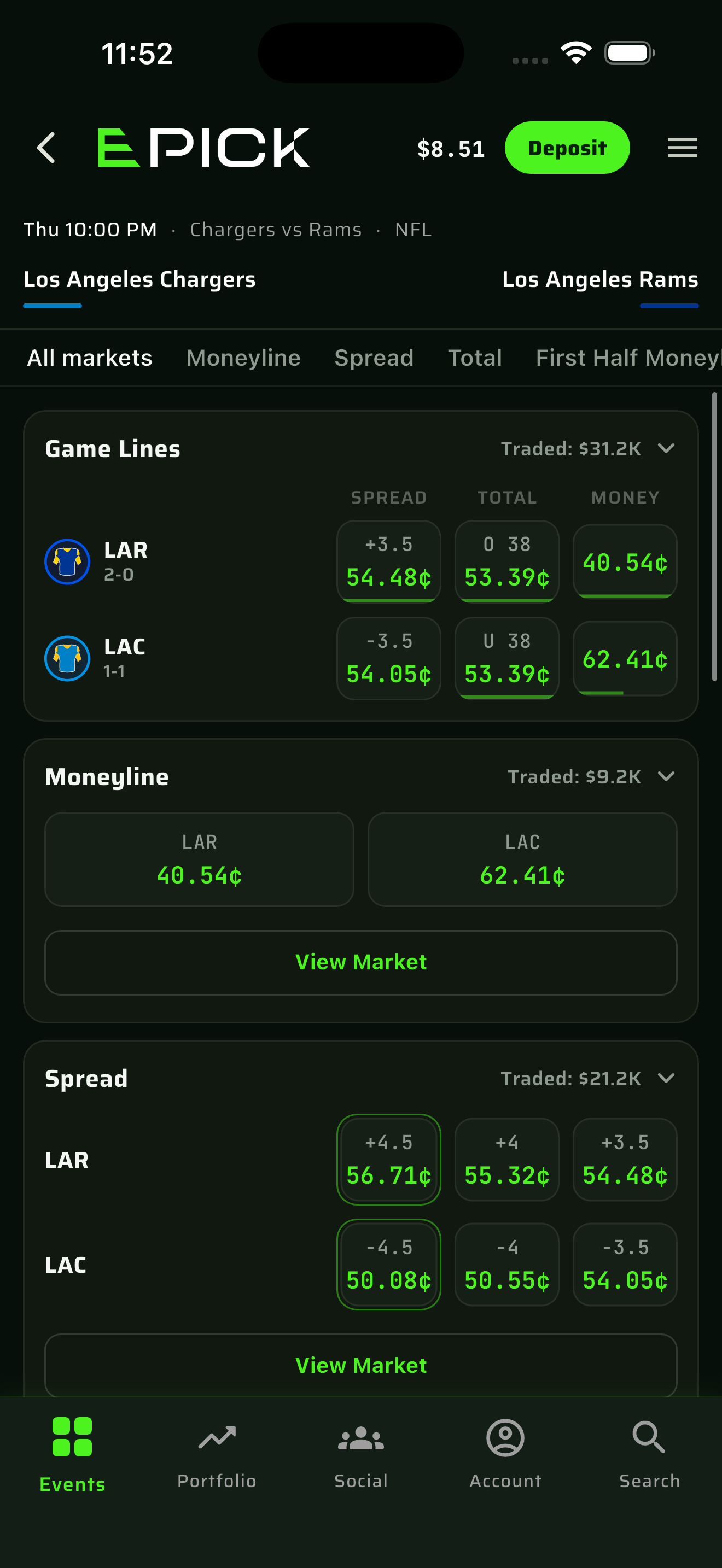 Event detail screen showing all markets for a single game