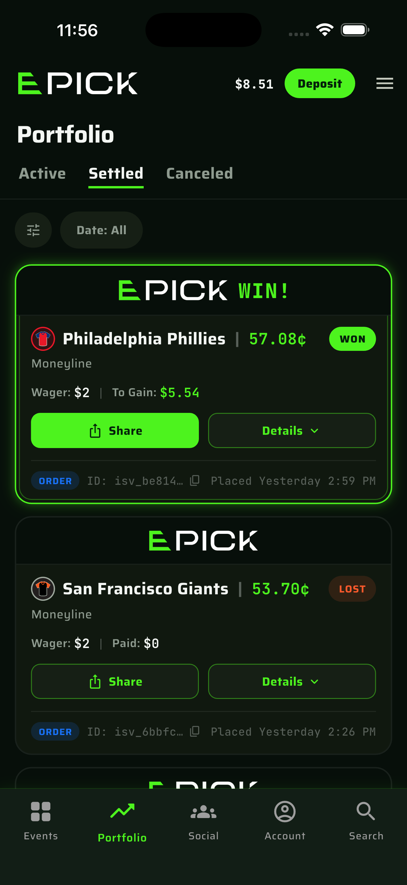 Portfolio screen showing open and settled positions